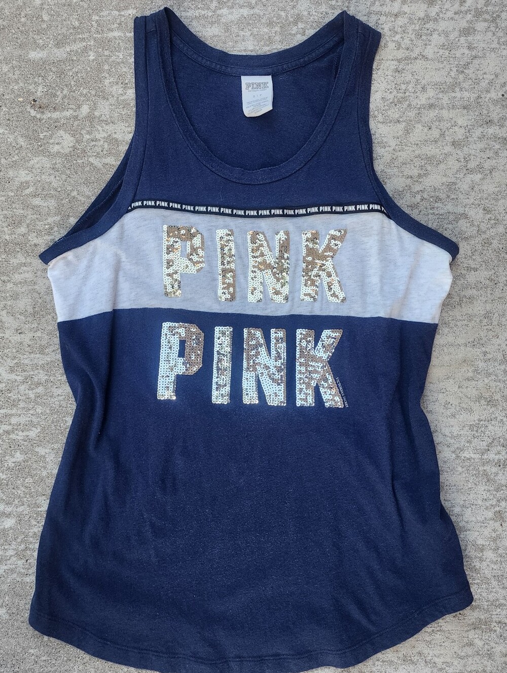 Victoria's Secret PINK Sequins Bling Logo Tank Top Navy Blue Size S
